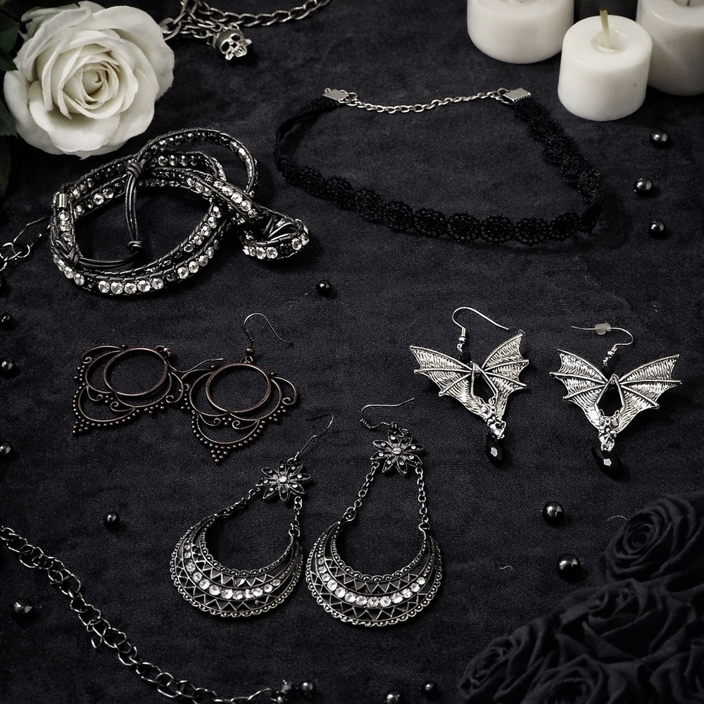 Gothic Jewelry Lot Black Silver WhimsyGoth Bat Lace Boho Set‎ Choker & Earrings